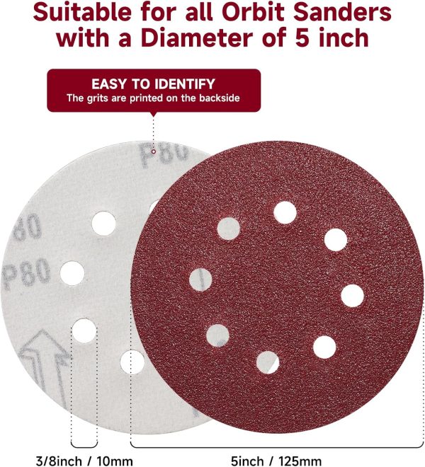 165 PCS 5 Inch Sanding Discs,Round Hook and Loop Sandpaper for Random Orbital Sander 40 60 80 120 150 240 320 400 600 Grit - Image 2