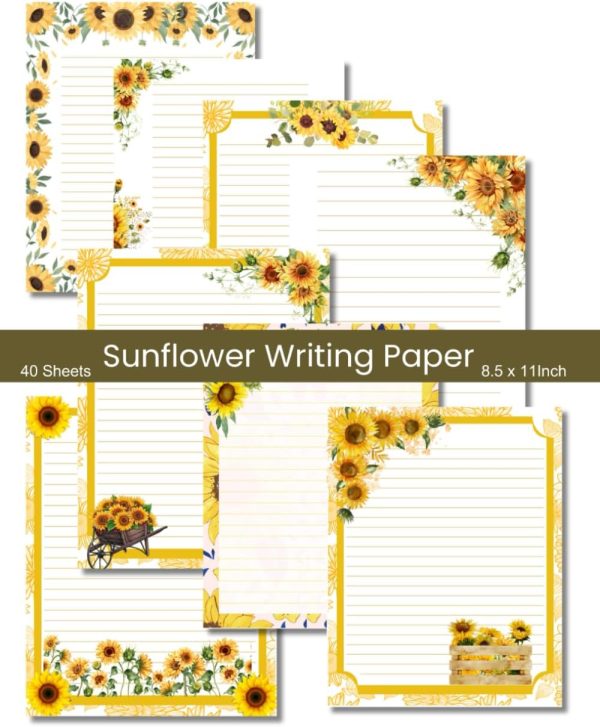 40 Sheets Sunflower Writing Paper: Stationery Letterhead Stylish Paper, Personalised Invitations, Watercolor Floral Unique Notes: Running Daily Supplies, 8 Designs, 8.5 x 11 Inch