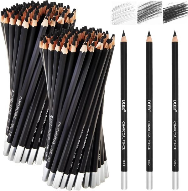 Geyoga 180 Pcs Professional Charcoal Pencils Drawing Set Soft Medium and Hard Charcoal Sketch Drawing Pencils for Beginners Artists Shading Sketching