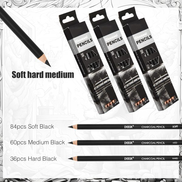 Geyoga 180 Pcs Professional Charcoal Pencils Drawing Set Soft Medium and Hard Charcoal Sketch Drawing Pencils for Beginners Artists Shading Sketching - Image 2