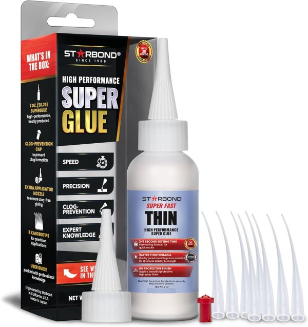 Starbond Super Fast Thin, Premium Instant CA (Cyanoacrylate Adhesive) Super Glue Plus Extra Cap and Microtips, (for Woodturning, Pen Turning, Hobby, Stabilizing, Finish, Inlay) (2 Ounce)