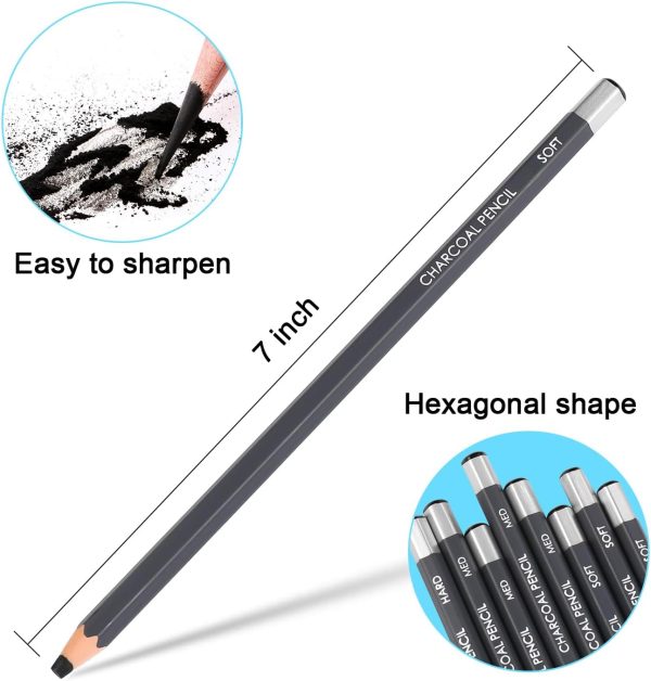 Sunshilor Professional Charcoal Pencils Drawing Set, 12 Pieces Soft Medium Hard Charcoal Pencils for Drawing, Sketching, Shading, Artist Pencils for Beginners & Artists - Image 4