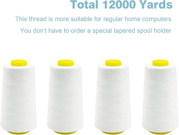 White Serger Thread, All-Purpose Thread for Sewing, Polyester, 4 Cones of 3000 Yards Each Spool for Sewing Machine - Image 6